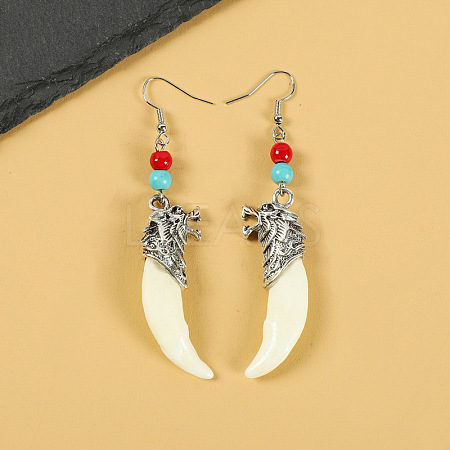 Natural Gemstone Wolf Tooth Shape Dangle Earrings with Real Tibetan Mastiff Dog Tooth FX9729-3-1