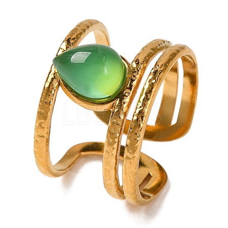 Teardrop Natural Dyed & Heated Green Onyx Agate Finger Rings RJEW-Q822-11G-1