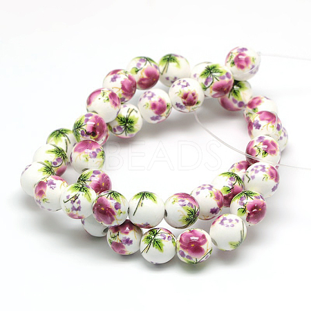 Handmade Flower Printed Porcelain Ceramic Beads Strands PORC-M007-10mm-17-1