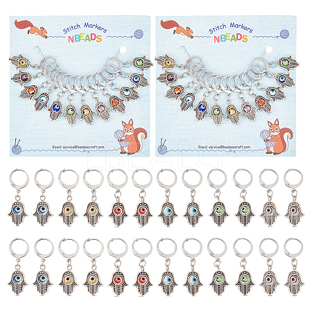 Alloy Hamsa Hand Pendant Locking Stitch Markers with Handmade Evil Eye Lampwork HJEW-PH01888-1