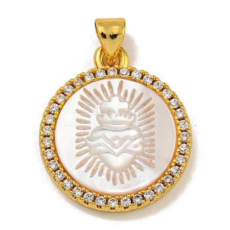 Rack Plating Brass Micro Pave Clear Cubic Zirconia Flat Round Pendants KK-U025-10G-09-1