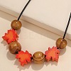 Wooden Round and Maple Leaf Beaded Necklaces with Black Imitation Leather Cord WGC6511-01-4