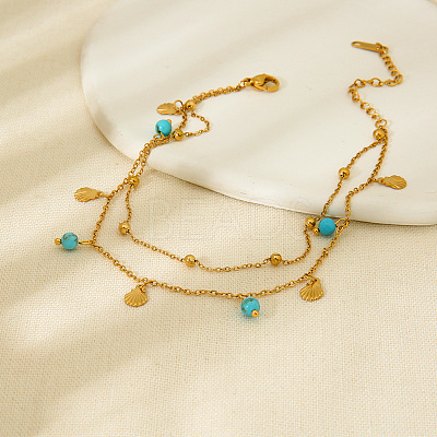 Synthetic Turquoise Round & 304 Stainless Steel Shell Shape Charm Double Layer Anklets for Women FS-WG7A7AF-01-1
