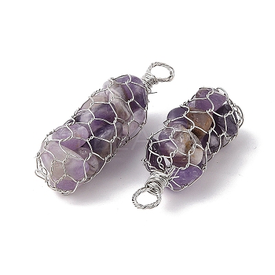 Rack Plating Copper Wire Wrapped Natural Amethyst Chip Big Pendants G-C130-01P-02-1