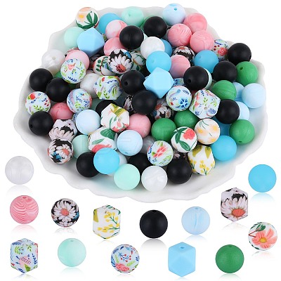 89Pcs Colorful Pattern Printed Silicone Beads Sets SIL-SZ0002-54D-1