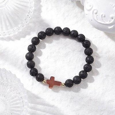 Natural Lava Rock & Synthetic Turquoise Beads Stretch Bracelets for Men Women BJEW-JB12226-01-1