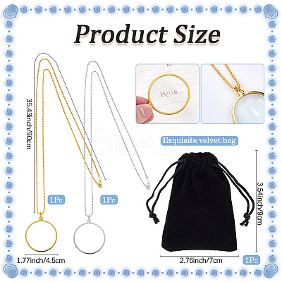 2Pcs 2 Colors Flat Round Glass Magnifying Pendant Necklaces NJEW-SP0001-02-1