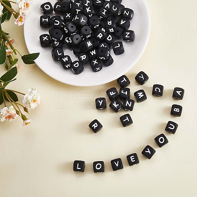 20Pcs Black Cube Letter Silicone Beads 12x12x12mm Square Dice Alphabet Beads with 2mm Hole Spacer Loose Letter Beads for Bracelet Necklace Jewelry Making JX433A-1