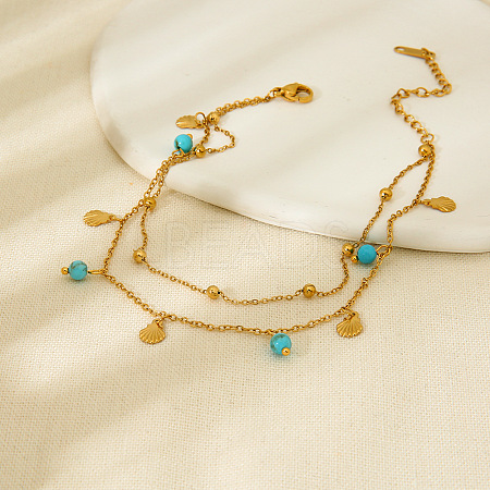 Synthetic Turquoise Round & 304 Stainless Steel Shell Shape Charm Double Layer Anklets for Women FS-WG7A7AF-01-1