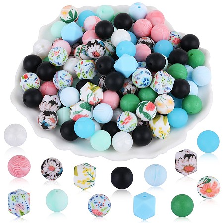 89Pcs Colorful Pattern Printed Silicone Beads Sets SIL-SZ0002-54D-1