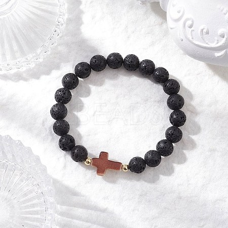 Natural Lava Rock & Synthetic Turquoise Beads Stretch Bracelets for Men Women BJEW-JB12226-01-1