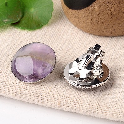 Natural Amethyst Dome/Half Round Clip-on Earrings EJEW-J090-07-1