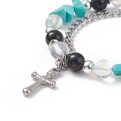 Natural & Synthetic Mixed Stone Beaded Bracelet with Cross Charm BJEW-TA00184-03-1