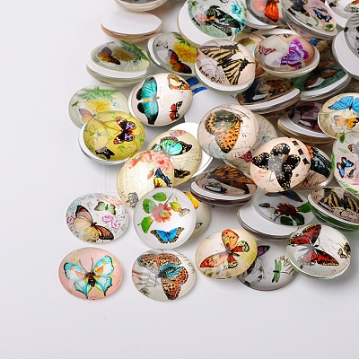 Butterfly Printed Glass Half Round/Dome Cabochons GGLA-N004-25mm-C-1