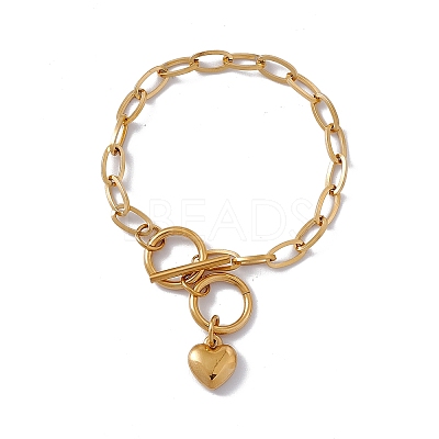 316 Stainless Steel Paperclip Chain Bracelet with Heart Charm for Women BJEW-G655-07G-1