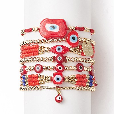 7Pcs 7 Style Evil Eye Lampwork & Glass Seed & Brass Beaded Stretch Bracelets Set for Women BJEW-JB09249-01-1