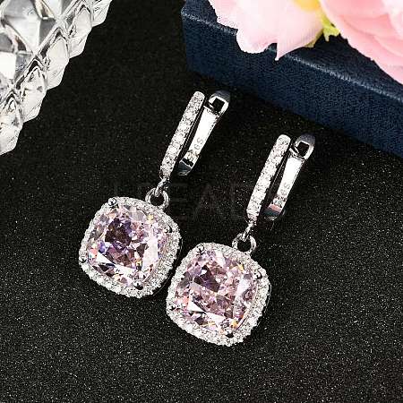 925 Sterling Silver Pave Cubic Zirconia Square Hoop Earrings EJEW-C150-01A-02-1