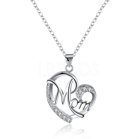 Mother's Day Gifts Silver Plated Brass Cubic Zirconia Heart with Mom Pendant Necklaces NJEW-BB16173-1