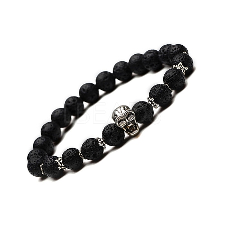 Natural Lava Rock & Alloy Skull Beaded Stretch Bracelet PW-WG4BC25-01-1