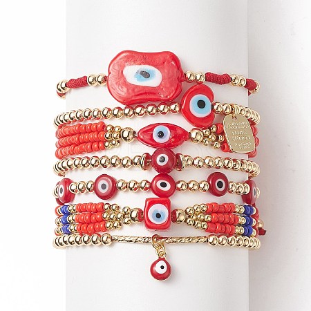 7Pcs 7 Style Evil Eye Lampwork & Glass Seed & Brass Beaded Stretch Bracelets Set for Women BJEW-JB09249-01-1