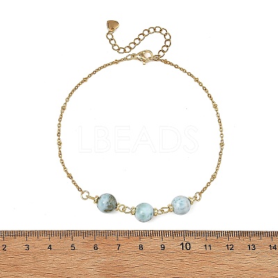 Round Natural Larimar Beads 304 Stainless Steel Satellite Chain Anklets for Women AJEW-AN00877-1
