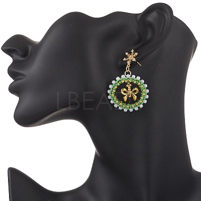 Christmas Wreath Brass Glass Dangle Stud Earrings EJEW-MZ00613-1