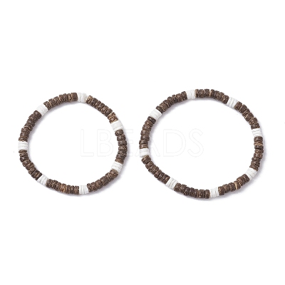 2Pcs 2 Styles Natural Coconut & White Shell Flat Round Beads Stretch Bracelets for Men Women BJEW-JB12460-1