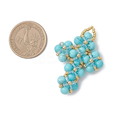 Synthetic Green Turquoise Round Beads & Glass Seed Beaded Cross Pendants PALLOY-MZ01151-04-1
