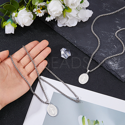 2Pcs Stainless Steel Saint Benedict Oval Medal Pendant Wheat Chain Necklaces NJEW-DC0001-20P-1