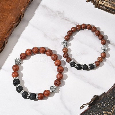 2Pcs 2 Styles Natural Lava Rock & Wood Round Beaded Stretch Bracelets Sets for Men Women BJEW-JB12352-1