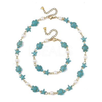 Starfish & Turtle Synthetic Turquoise Beaded Necklace & Bracelet Sets SJEW-JS01385-02-1