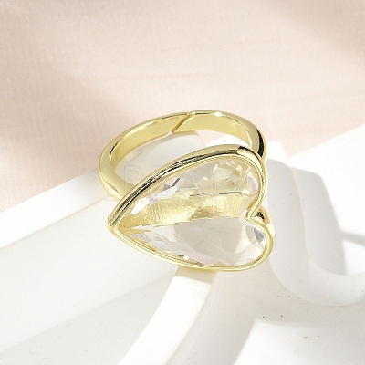 Heart Brass Natural Quartz Crystal Finger Rings RJEW-D304-01G-F-1