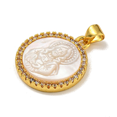 Rack Plating Brass Micro Pave Clear Cubic Zirconia Flat Round Pendants KK-U025-10G-05-1