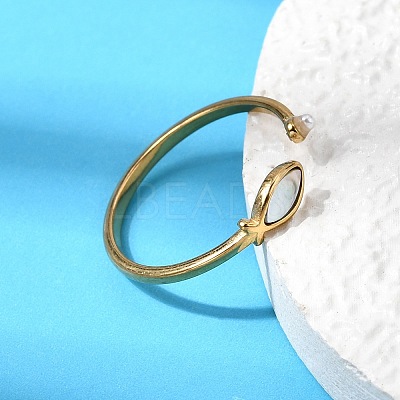 304 Stainless Steel & Natural Shell & Imitation Pearl Cuff Rings for Women RJEW-G372-01G-06-1