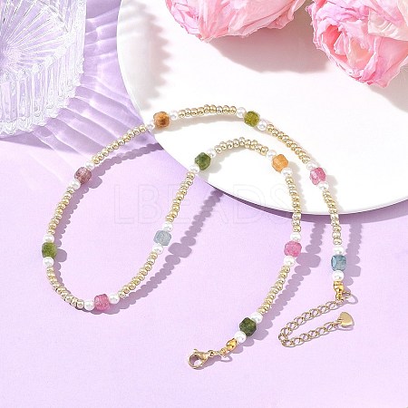 Faceted Cube Natural Multicolor Tourmaline and Glass Seed Beads Beaded Necklaces for Women NJEW-JN06668-1