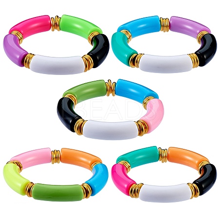 Candy Color Chunky Curved Tube Acrylic Beads Stretch Bracelets Set for Women BJEW-SW00015-1