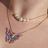 Alloy Enamel & Round Imitation Pearl Double Layered Butterfly Pendant Necklaces for Women WG304A4-01-1