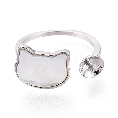 Cat Shape Brass Shell Cuff Ring Settings KK-T076-65P-1