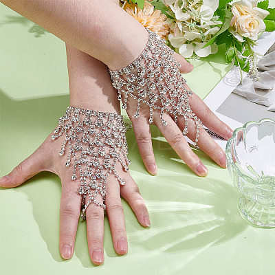 2Pcs Brass Rhinestone Chain Finger Rings Bracelet BJEW-ME0001-01S-1