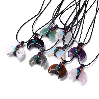 Adjustable Natural & Synthetic Mixed Gemstone Double Horn Pendant Necklace with Wax Cord for Women NJEW-B086-01-1
