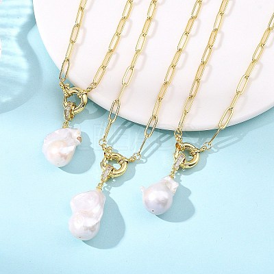 Natural Baroque Pearl Keshi Pearl Nuggets Pendant Brass Paperclip Chain Necklaces for Women NJEW-JN06145-1