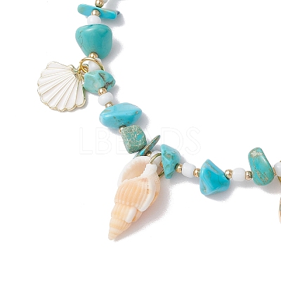 Summer Beach Synthetic Turquoise Chip Starfish & Natural Shell & Alloy Enamel Charm Anklets X1-AJEW-TA00037-1