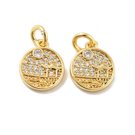 Flat Round with Pavilion Brass Micro Pave Clear Cubic Zirconia Charms KK-G425-19G-1
