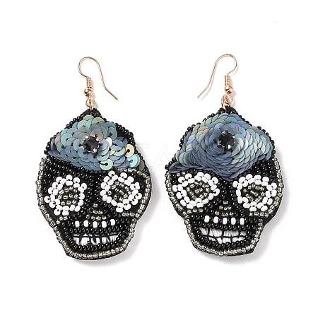 Halloween Skull Glass Seed Braided Big Dangle Earrings EJEW-B011-06A-1