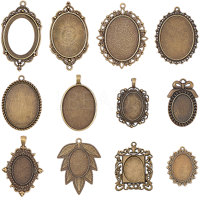 12Pcs 12 Styles Tibetan Style Zinc Alloy Pendant Cabochon Settings TIBEP-SC0003-48-1