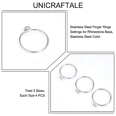 12Pcs 3 Size 304 Stainless Steel Finger Rings Settings for Rhinestone Base STAS-CA0002-16-1