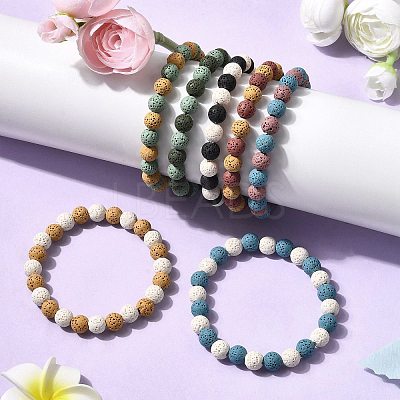 7Pcs 7 Colors Dyed Natural Lava Rock Round Beads Stretch Bracelets for Men Women BJEW-JB12334-1