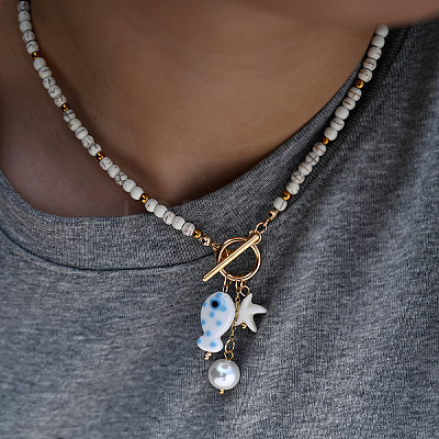 Bohemian Porcelain Fish & Imitation Pearl Round & Starfish Pendant Necklaces FS-WG8409B-03-1