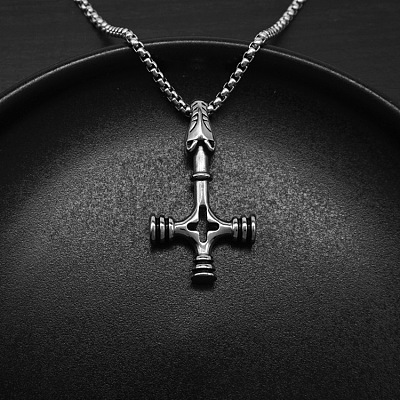 Vintage 304 Stainless Steel Viking Wolf Cross Hammer Pendant Necklaces for Men WG40DB5-01-1