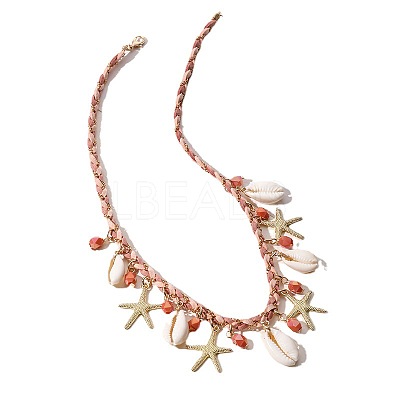 Summer Beach Natural Cowrie Shell & Glass & Alloy Starfish Pendant Double Layered Necklaces for Women FS-WGA7A0B-01-1
